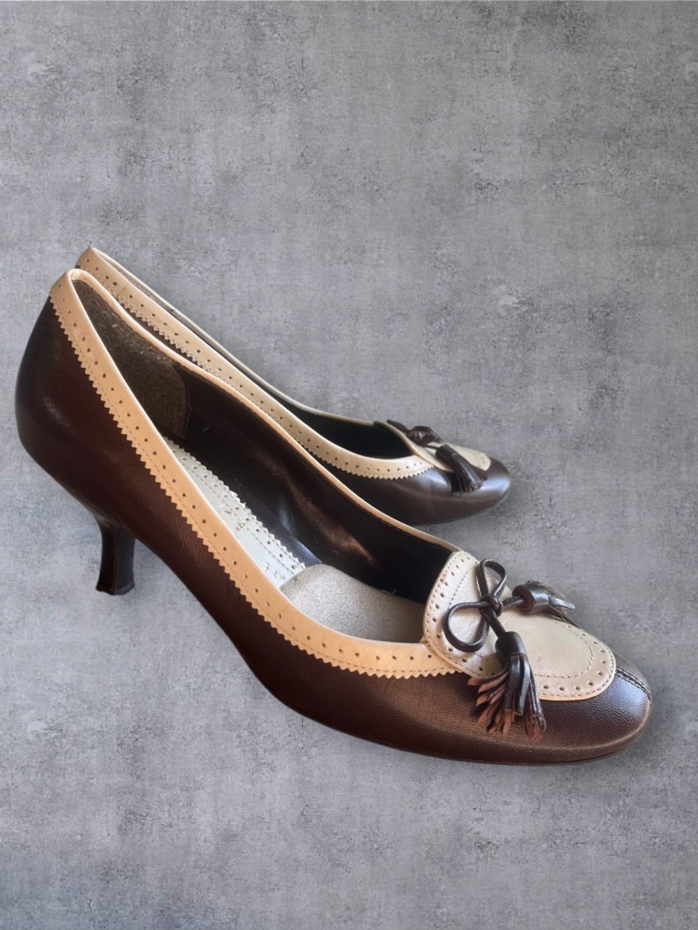Etienne Aigner Two-Tone Brown & Cream Tassel Kitten Heel Pumps 6